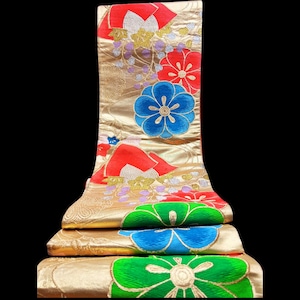fukuro obi, kimonobelt for kimono, table runner,japanese antique fabric,bothside embroidery,silk obibelt,gold crane