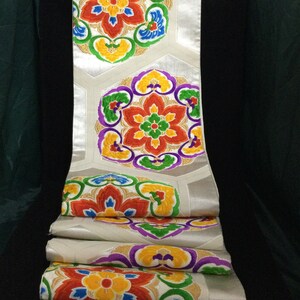 good condition, vintage fukuroobi, hexagon, flower embroidery, wall decor, table runner, tapestry, free shipping