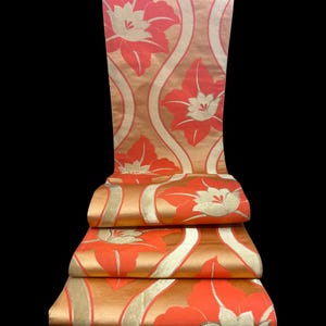 fukuro obi, kimonobelt for kimono, table runner,japanese antique fabric,bothside embroidery,silk obibelt,gold crane