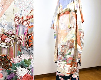 antique kimono, flower pattern, silk kimono, silk robe, furisode, Dressing gown, Present, free shipping