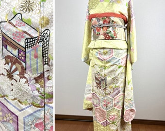 furiosode antique Luxurious embroidery silk kimono robe ,Dressing gown, free shipping
