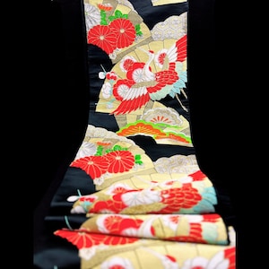 fukuro obi, kimonobelt for kimono, table runner,japanese antique fabric,bothside embroidery,silk obibelt,gold crane