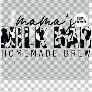 May include: Black and white cow print graphic that says "mama's milk bar homemade brew".