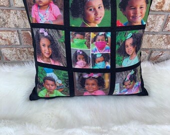 May include: Black pillowcase with a collage of nine photos of children. The photos are arranged in a 3x3 grid. The photos show children of different ages and ethnicities. The pillowcase is decorated with the text "Kams Creative Appeal".