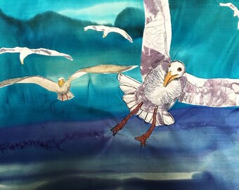 Seagulls - Textile Art - Fabric - Birds - Belgium - Seaside - Original Art - Decorative - Gift - Quilting - Embroidery - Nature - Bird Art