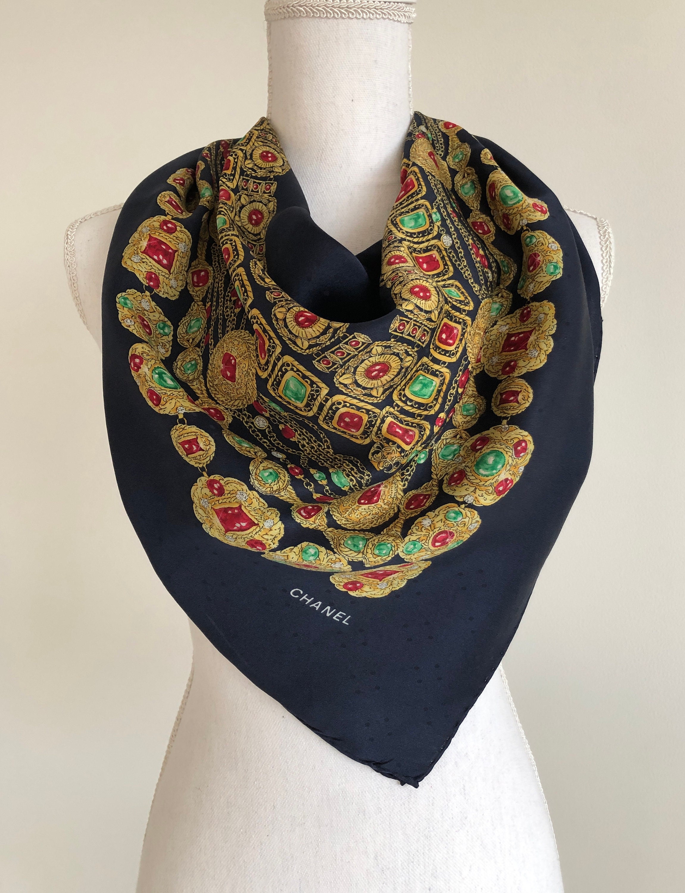 Vintage CHANEL Midnight Blue Jewellery Silk Scarf - Etsy
