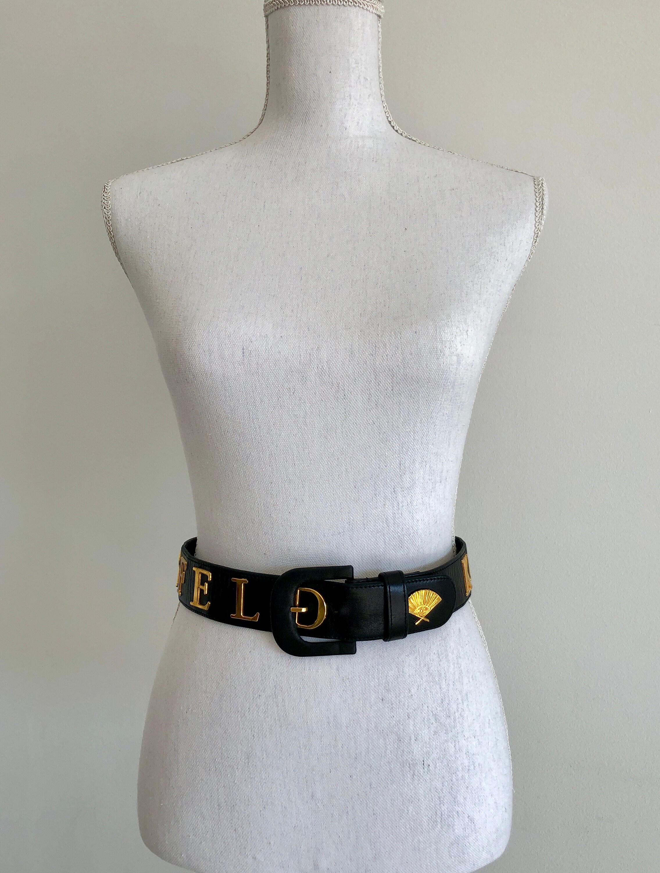 Vintage Karl Lagerfeld Black Suede Belt Gold Intricate KL Letters Square Buckle K/SIGNATURE BELT | Black Women main image 2