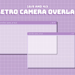 Peut inclure: Une superposition de caméra de style rétro avec deux fenêtres étiquetées "webcam.exe" sur un fond de grille violet. Les fenêtres ont une bordure blanche et une ombre grise.