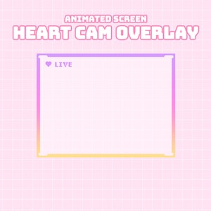 Könnte beinhalten: Ein animiertes Bildschirm-Overlay in Rosa und Weiß mit dem Text "HEART CAM OVERLAY". Das Overlay hat einen Farbverlauf aus Gelb, Rosa und Lila. Das Wort "LIVE" steht neben einem Herzsymbol.
