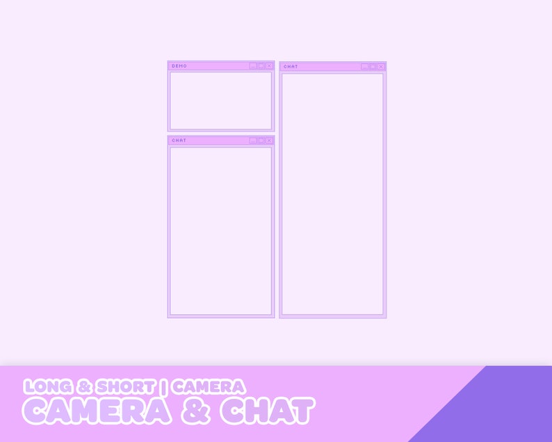 May include: A purple and white digital layout with two rectangular boxes labeled "CHAT" and one labeled "DEMO". The text "LONG & SHORT | CAMERA CAMERA & CHAT" is at the bottom of the image.