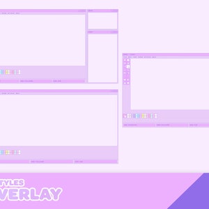 May include: Three different styles of pastel purple computer window overlays. Each window has a title bar, menu bar, and a toolbar with icons. The text "3 STYLES OVERLAY" is at the bottom of the image.