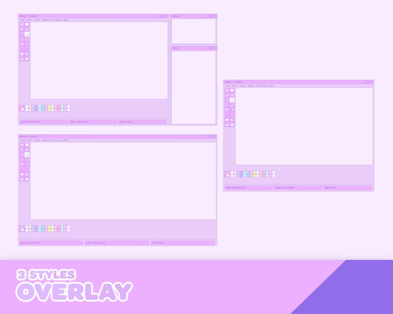 May include: Three different styles of pastel purple computer window overlays. Each window has a title bar, menu bar, and a toolbar with icons. The text "3 STYLES OVERLAY" is at the bottom of the image.