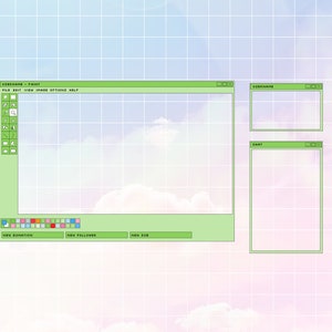 May include: A green computer screen with a light blue and pink background. The screen has a toolbar with the words "FILE", "EDIT", "VIEW", "IMAGE", "OPTIONS", and "HELP". There are also buttons for "NEW DONATION", "NEW FOLLOWER", and "NEW SUB".