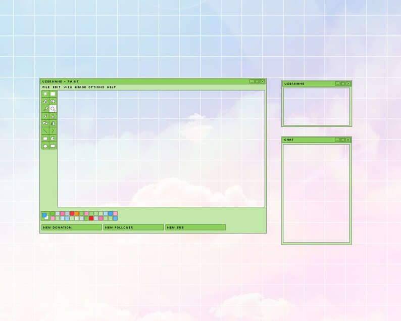 May include: A green computer screen with a light blue and pink background. The screen has a toolbar with the words "FILE", "EDIT", "VIEW", "IMAGE", "OPTIONS", and "HELP". There are also buttons for "NEW DONATION", "NEW FOLLOWER", and "NEW SUB".
