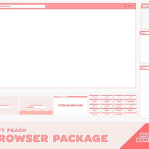 May include: A pink and white browser window design template with the text "Soft Peach Browser Package" and "Instant Download". The template includes a variety of browser windows, including a "Now Playing" window, a "Camera" window, a "Chat" window, and a "Stream Offline" window.