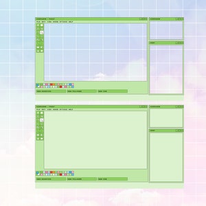 May include: Two green computer windows with the title "MS Paint" and the text "File Edit View Image Options Help" at the top. The windows have a toolbar with icons for different tools and a color palette. The windows are on a background of pastel pink, blue, and white.
