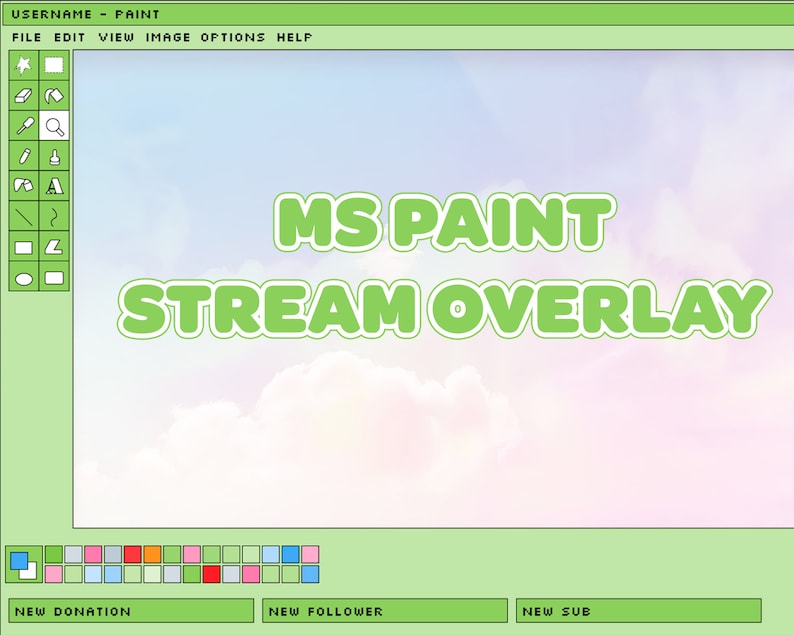 May include: A green and white computer screen with the words "MS PAINT STREAM OVERLAY" in a green font. The screen is a mock-up of the Microsoft Paint program.
