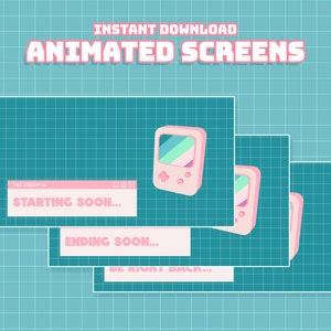 Könnte beinhalten: Drei animierte Bildschirme mit einem Retro-Spielekonsolendesign. Die Bildschirme zeigen den Text "This stream is starting soon...", "Ending soon..." und "Be right back..." in einem rosa Fenster mit blauem Hintergrund.