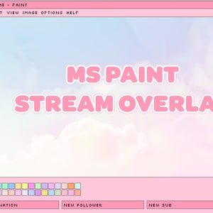 Op de afbeelding: Een roze en blauwe digitale kunst overlay voor streaming met de tekst "MS PAINT STREAM OVERLAY" in een roze bubbellettertype. De overlay heeft een werkbalk met pictogrammen voor tekentools en een kleurenpalet.