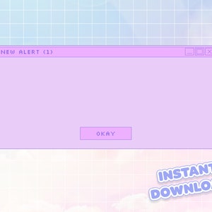 Peut inclure: Une fenêtre contextuelle violette avec le texte "NEW ALERT (1)" en haut. La fenêtre a un bouton qui dit "OKAY" et deux petits boutons en haut à droite. L'arrière-plan est une grille bleu clair et rose.