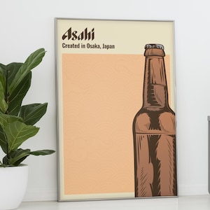 Stampa di birra Asahi con sfondo giapponese a fantasia - Poster moderno di birra giapponese, regalo per gli amanti della birra giapponese, poster di birra arancione, arte murale Asahi