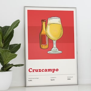 Stampa di birra Cruzcampo - Poster retrò di birra spagnola, regalo di compleanno per gli amanti della birra, regalo per il marito per il fidanzato, regalo universitario, arte murale per bar di casa