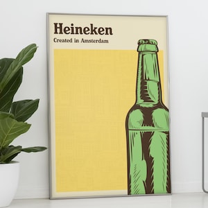 Heineken Beer Print with Patterned Amsterdam Background - Modern Dutch Beer Poster, Beer Lover Gift, Yellow Lager Poster, Heineken Wall Art