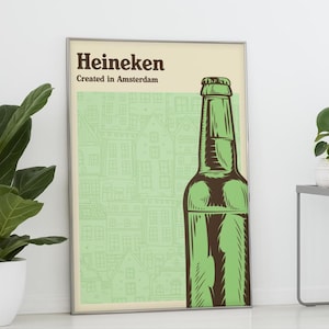 May include: A vintage-style poster with a green and brown illustration of a Heineken beer bottle. The poster has the text "Heineken Created in Amsterdam" at the top.