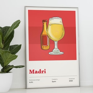 Madri Beer Print - Retro spanisches Bier Poster, Bier-Liebhaber Geburtstagsgeschenk, Ehemann Geschenk für Freund Universität Geschenk, Hausbar Wandkunst