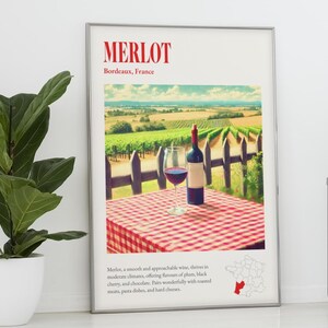 Arte murale con vino Merlot, stampa di vino francese, arte murale con vigneti francesi, poster vintage di vino rosso, arte culinaria vintage, poster di cibo e bevande francesi