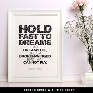 Typographic, Quote print, Motivational, Hold fast to dreams, for if dreams die, life is a broken-winged bird that cannot fly, Printable,QP34