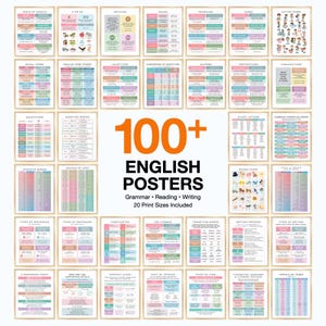 Op de afbeelding: Een verzameling van 100+ Engelse educatieve posters over grammatica, lezen en schrijven. Elke poster heeft een pastelkleurige lay-out met duidelijke koppen. De centrale tekst luidt 100+ ENGLISH POSTERS Grammar Reading Writing.