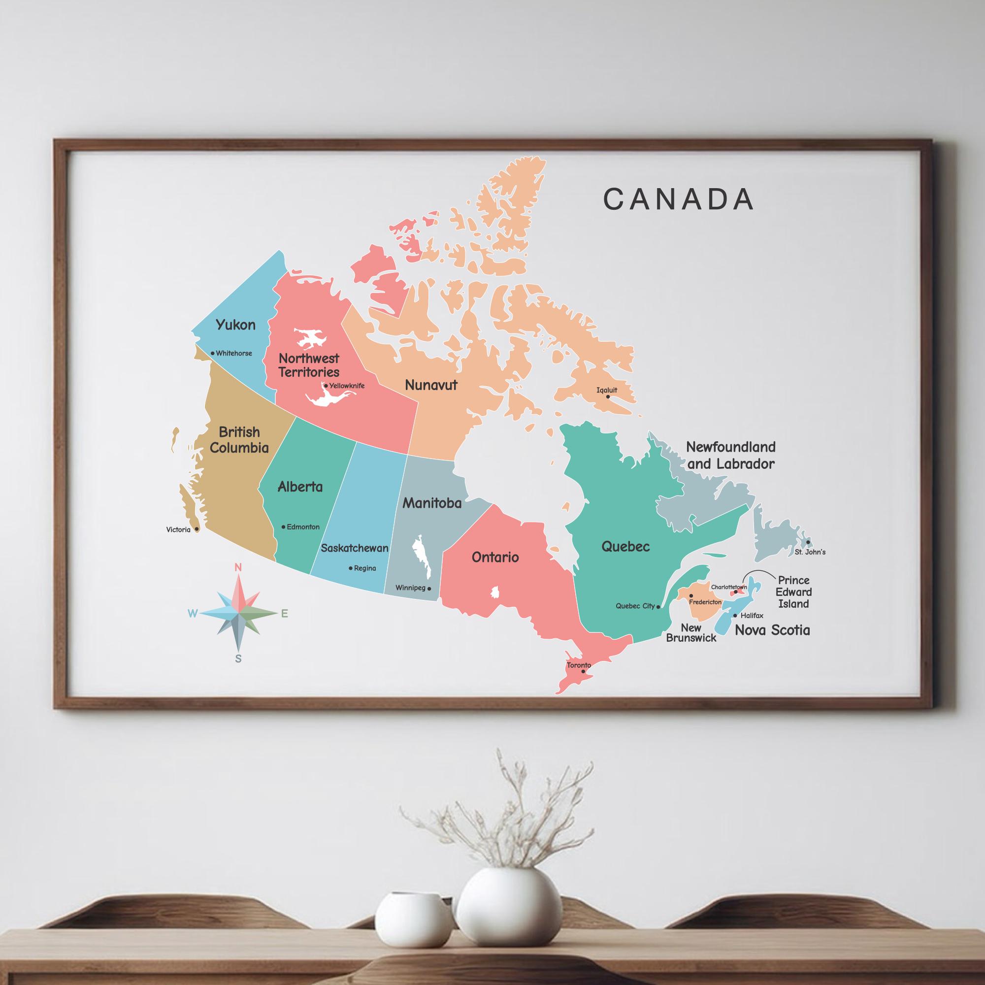 Canada Map Poster With Provinces and Capitals, Colorful Canada