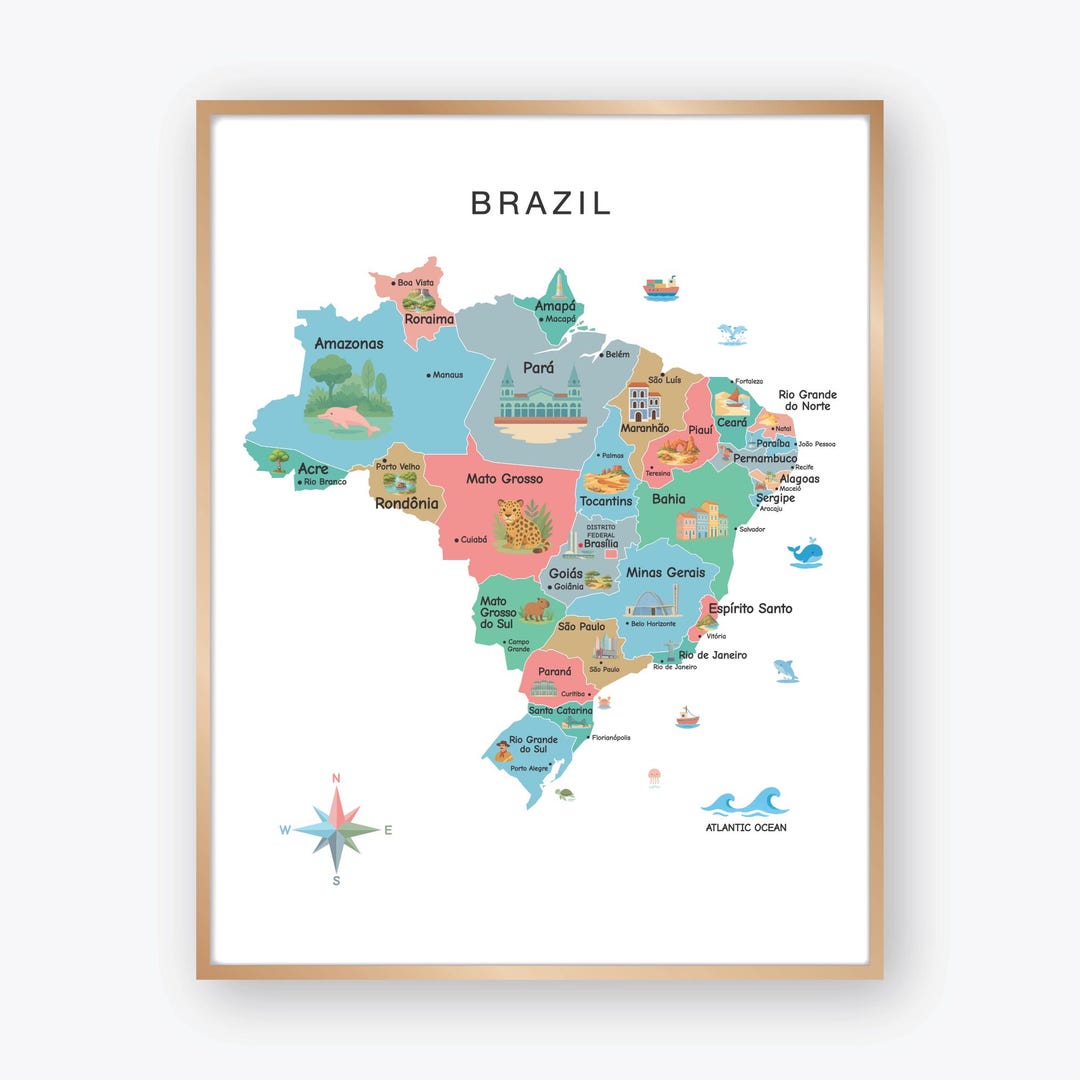 Brazil Illustrated Map Poster With States and Capitals, Colorful Brazil