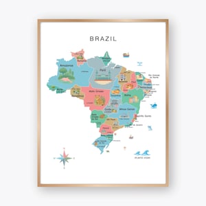 May include: A framed map of Brazil with each state in a different color. The map includes the names of the states and the Atlantic Ocean. The word "BRAZIL" is at the top of the map.