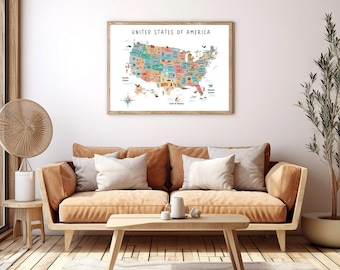 アメリカ合衆国地図型インテリア 印刷可能なアメリカ合衆国地図、子供向けのアメリカ地図、旅行地図
