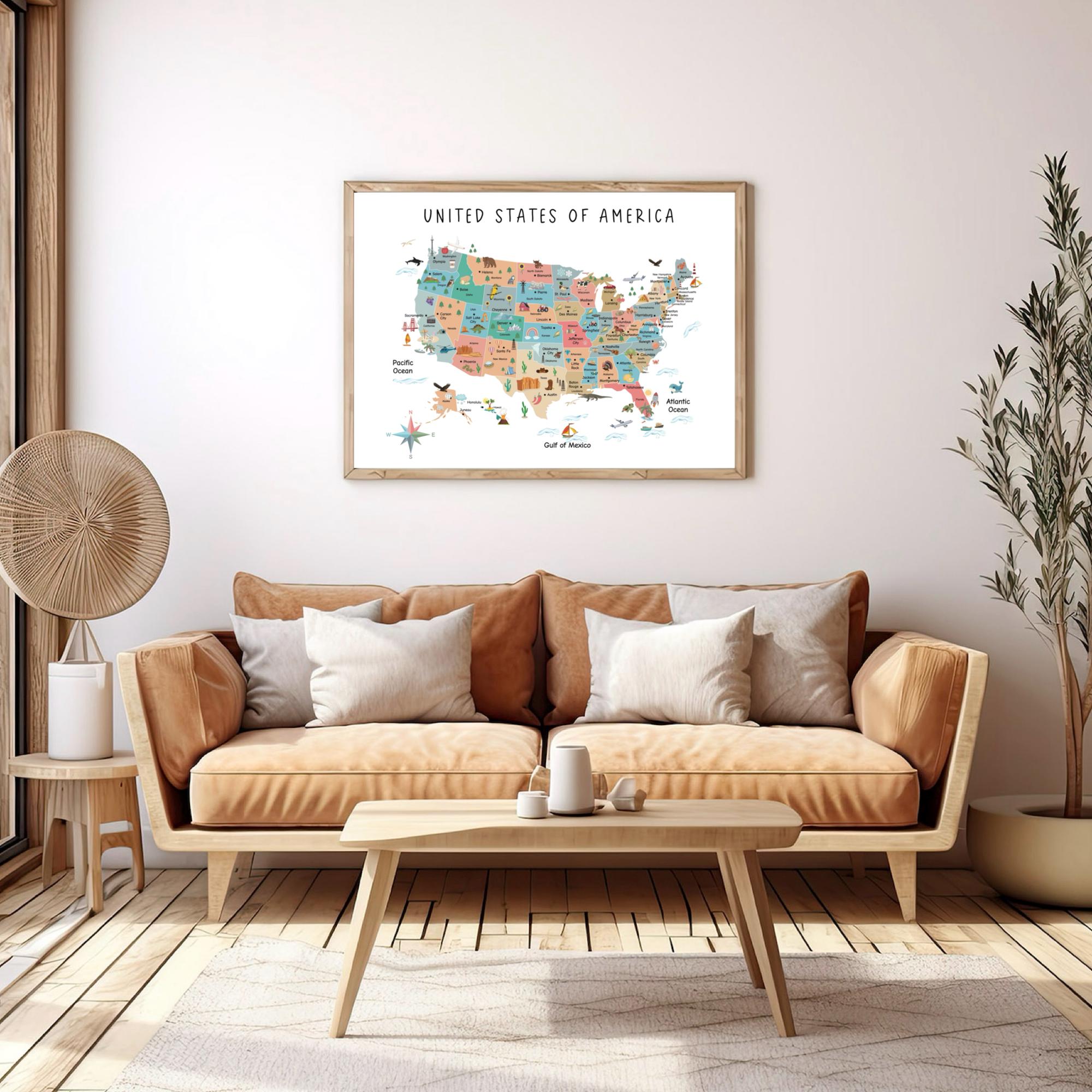 印刷可能なアメリカ合衆国地図、子供向けのアメリカ地図、旅行地図