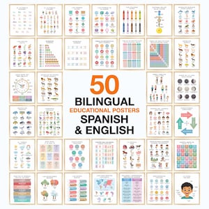 May include: A collection of 50 bilingual educational posters in Spanish and English, featuring colourful illustrations of alphabets, numbers, shapes, animals, weather, and body parts, arranged in a grid with the text 50 BILINGUAL EDUCATIONAL POSTERS.