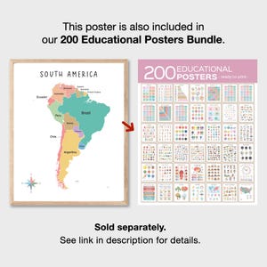 South America Map, Digital South America Map full color with states, South America Poster, Minimalist Map Print, South America Wall Art image 2