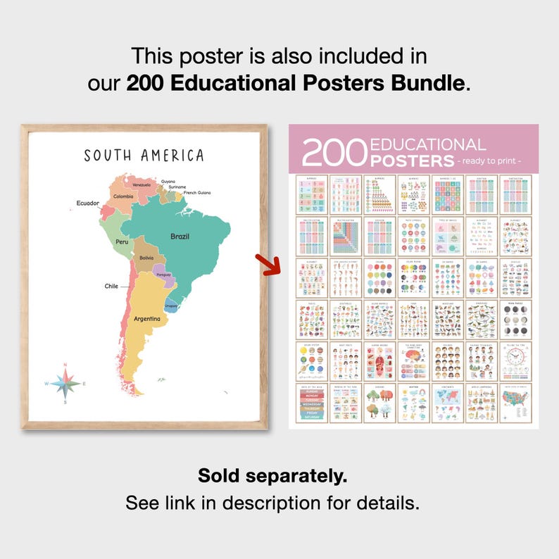 South America Map, Digital South America Map full color with states, South America Poster, Minimalist Map Print, South America Wall Art image 2