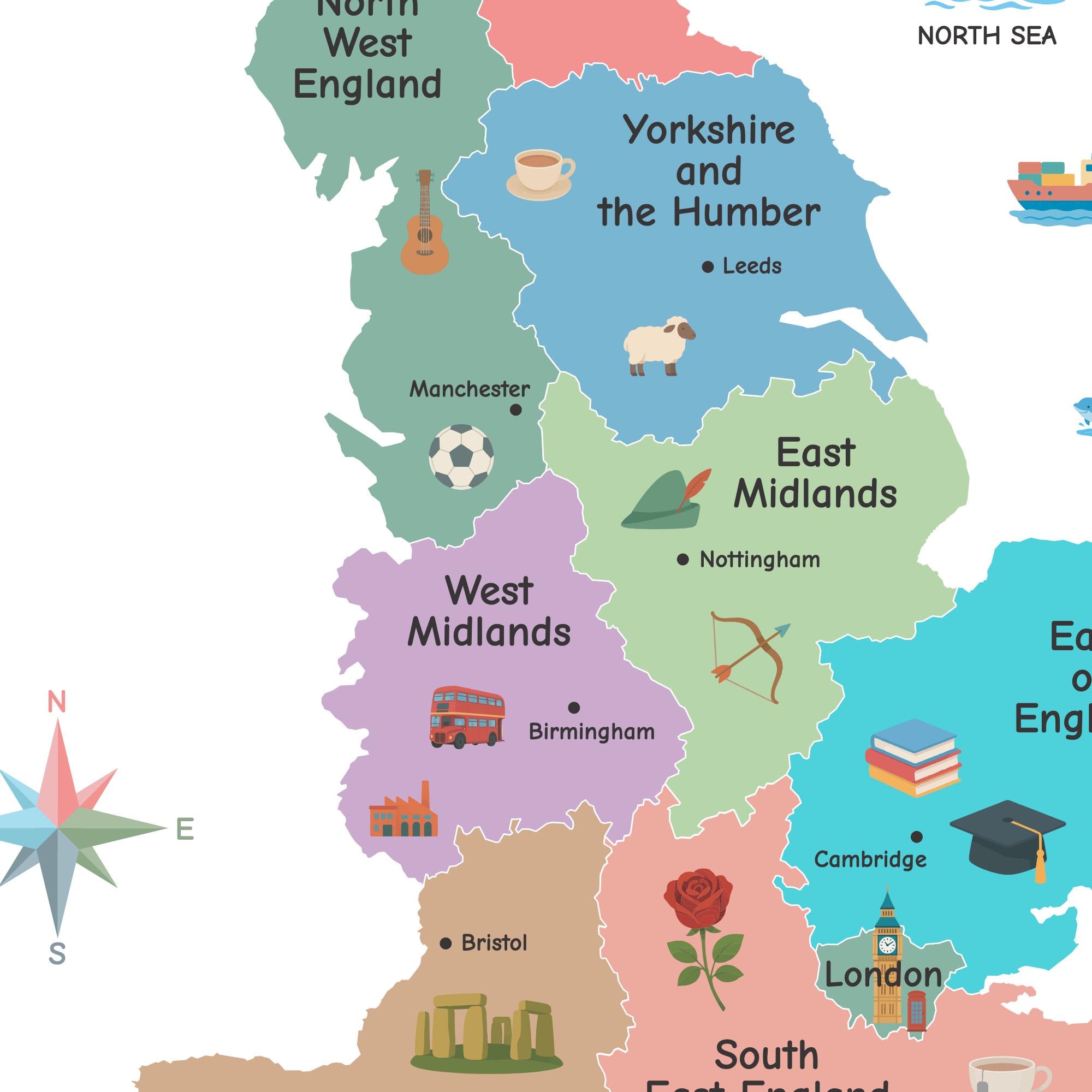 England Illustrated Map for Kids With Regions and Cities, UK Geography
