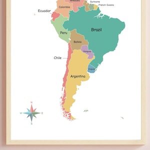 May include: A colorful map of South America with country names labeled in white. The map is on a white background with a compass rose in the bottom left corner.
