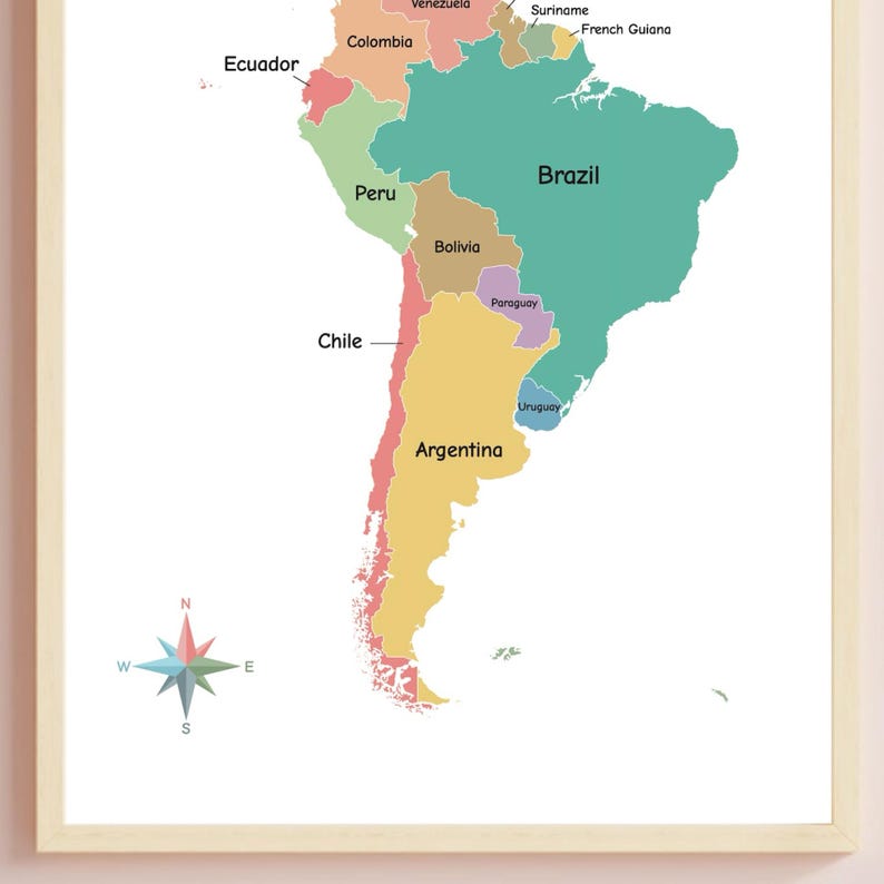 May include: A colorful map of South America with country names labeled in white. The map is on a white background with a compass rose in the bottom left corner.