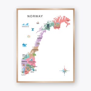 Puede incluir: Un mapa enmarcado de Noruega, con una colorida ilustración de las regiones del país. El mapa incluye el texto "NORWAY" en la parte superior, con ilustraciones de ballenas, olas y barcos. Una rosa de los vientos está en la esquina inferior derecha.
