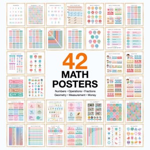 May include: A collection of 42 educational math posters featuring colorful charts, diagrams, and text covering numbers, operations, fractions, geometry, measurement, and money. The posters are arranged in a grid with light wood-toned frames.