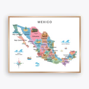 May include: A colorful map of Mexico, framed in wood. The map highlights each state with a different color and includes illustrations of landmarks and symbols. The word "MEXICO" is printed at the top.