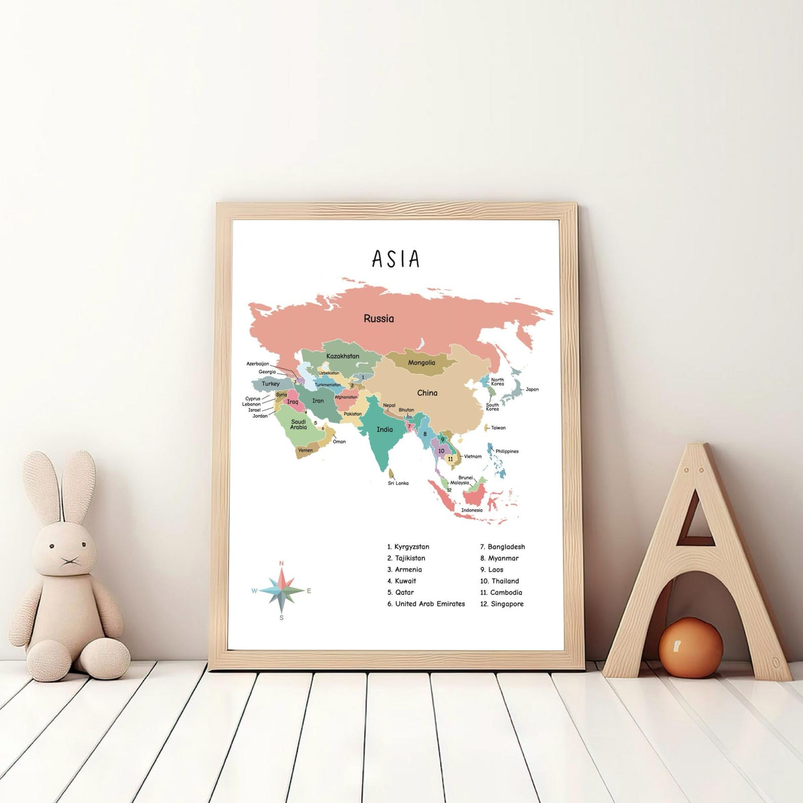 Asia Map Poster, Digital Asia Map Full Color With Countries Printable ...