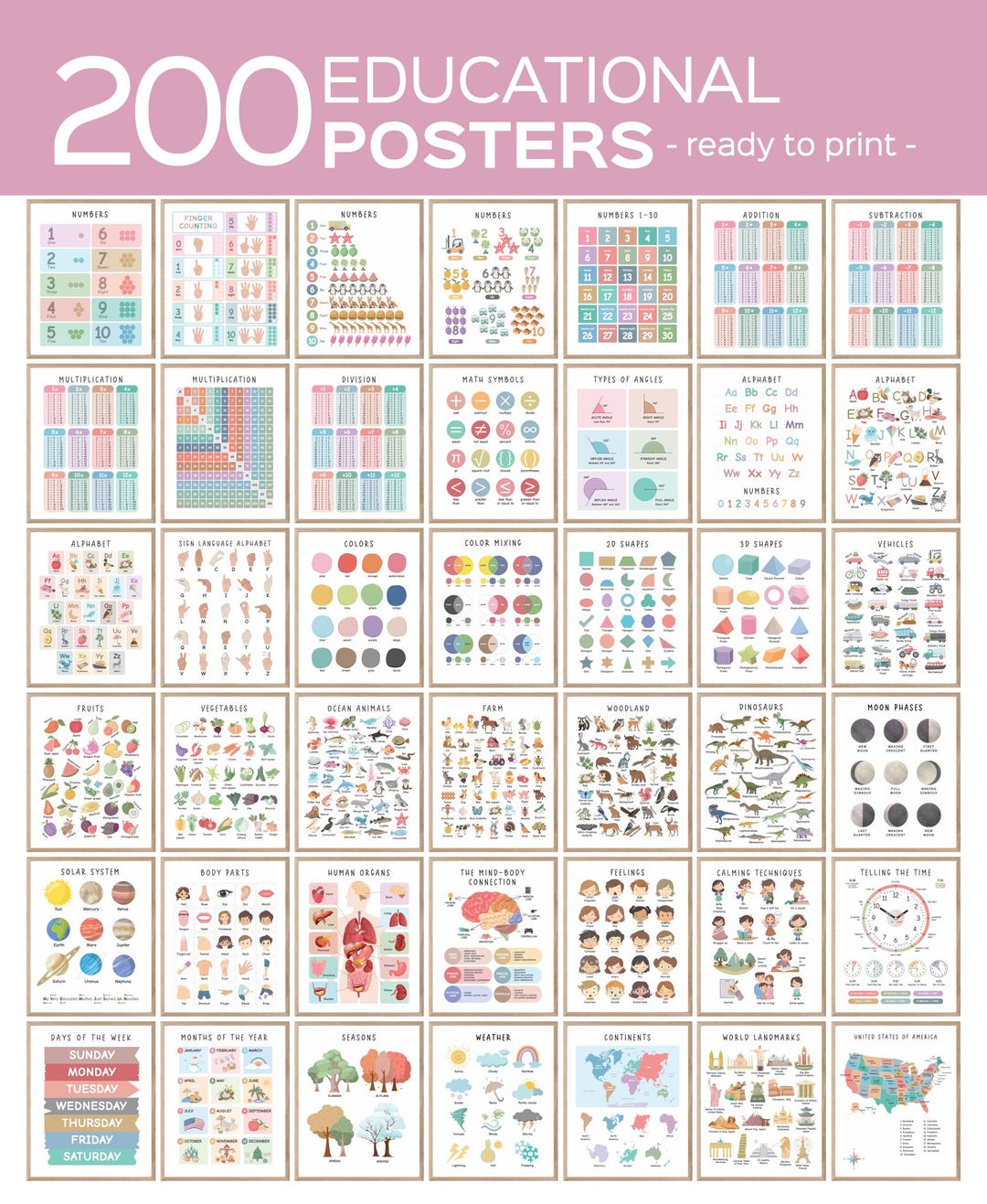 Set of 200 Educational Posters, Neutral Montessori Classroom Decor ...