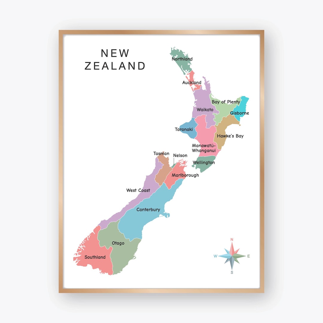Nz Map Reference New Zealand Map With Regions, Colorful New Zealand Political Map Poster ...