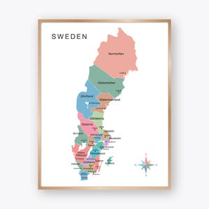 May include: A framed map of Sweden, showcasing the country's regions in a variety of pastel colors. The word "SWEDEN" is printed at the top. A compass rose is in the lower right corner. The frame is a light brown color.